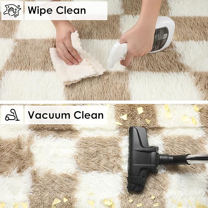 KICMOR Round Rugs 5ft for Bedroom Living Room, Fluffy Soft Circle Area Rug Fuzzy Shag Shaggy Carpet, Beige and Cream White Checkered Circular Rug for Kids Girls Boys Nursery Home Decor Aesthetic
