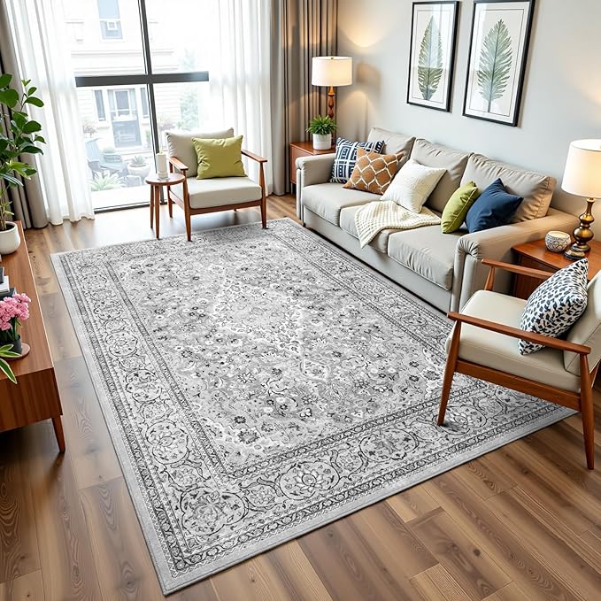 5x7 Grey Washable Boho Area Rug for Bedroom, Vintage Floral Non Slip Living Room Rugs, Soft Low Pile Indoor Mat, Aesthetic Pattern Carpet for Kitchen and Dining Room