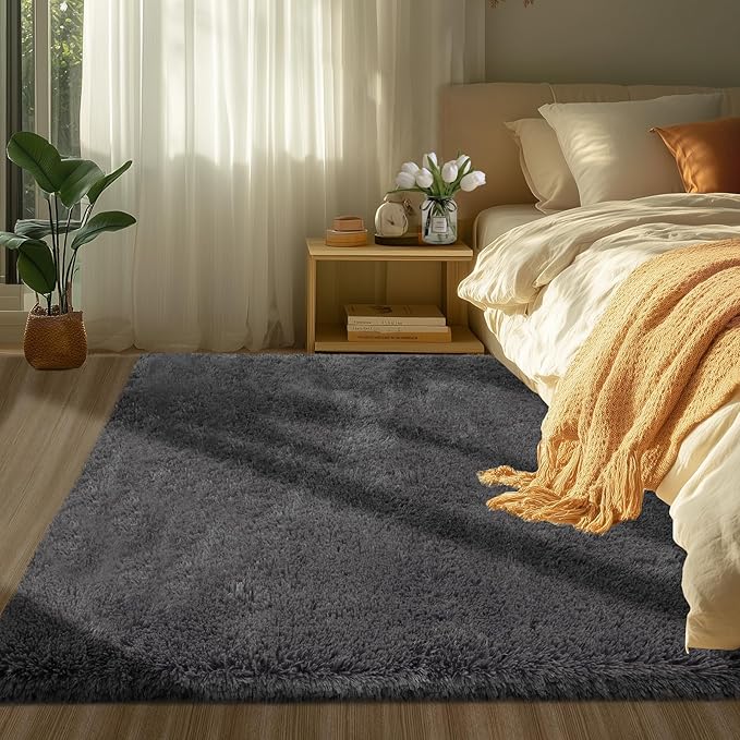 Area Rugs Grey for Bedroom: Shag Rugs for Bedroom- Grey Plush Fluffy Rugs Carpets for Living Room- Soft Fuzzy Rugs for Kids Room (Gray, 3x5 Feet)