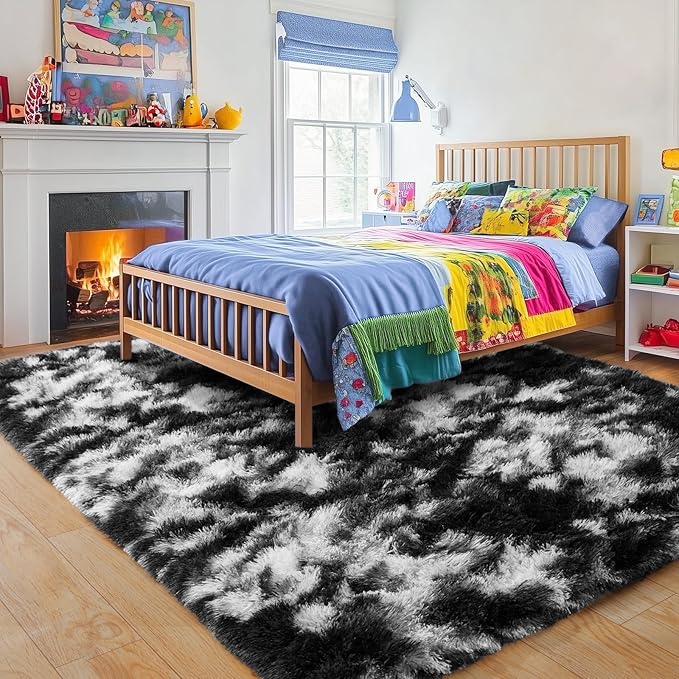 Black and White Area Rug for Bedroom 4x6, Ultra Soft Fluffy Shag Rugs, Modern Plush Indoor Carpet Non-Slip for Living Room Kids Room Nursery Dorm Home Decor