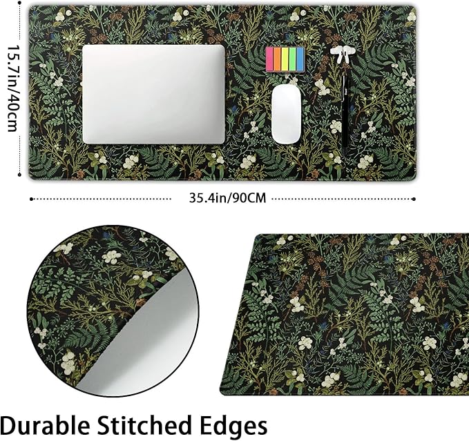 Black Aesthetic Vintage Botanical Gaming Mouse Pad XXL Cute Forest Green Plant Nature Floral Extended Large Mouse Pad Big Mousepad Non-Slip Stitched Edge Long Mat for Desk Office Computer,35.4x15.7 in