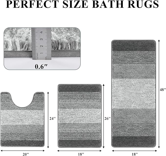 Pauwer Bathroom Rugs Sets 3 Piece Shower Rugs with U-Shaped Contour Toilet Mat Absorbent Microfiber Plush Bath Mats Non Slip Bath Rugs Machine Washable Shaggy Bathroom Floor Mats, Grey