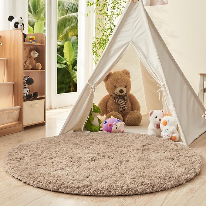 OPPODREAM 3ft Beige Circle Rug for Bedroom, Ultra-Soft Round Rugs 3-ft for Living Room, Fluffy Carpet for Nursery, Kids, Girl, Boy, Baby, Plush, Fuzzy, Shag, Shaggy, Cute Home Decor