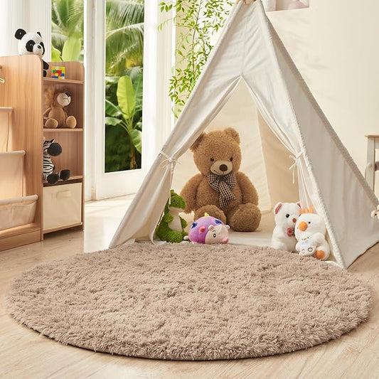 OPPODREAM 3ft Beige Circle Rug for Bedroom, Ultra-Soft Round Rugs 3-ft for Living Room, Fluffy Carpet for Nursery, Kids, Girl, Boy, Baby, Plush, Fuzzy, Shag, Shaggy, Cute Home Decor