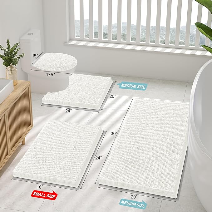 Smiry Luxury Chenille Bathroom Rugs 40x32, Extra Soft and Absorbent Shaggy Bath Mat, Machine Washable, Non-Slip Plush Carpet Runner for Tub, Shower, and Floor, Home Decor Accessories, Ivory