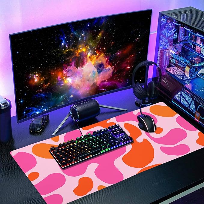 Pink Orange Cute Gaming Mouse Pad Extended 3XL Kawani Preppy Abstract Modern Geographic Large Desk Mat Mousepad Non-Slip Rubber Base Stitched Edge Long Desk Pad for Desktop Office PC,47.2x23.6 Inch