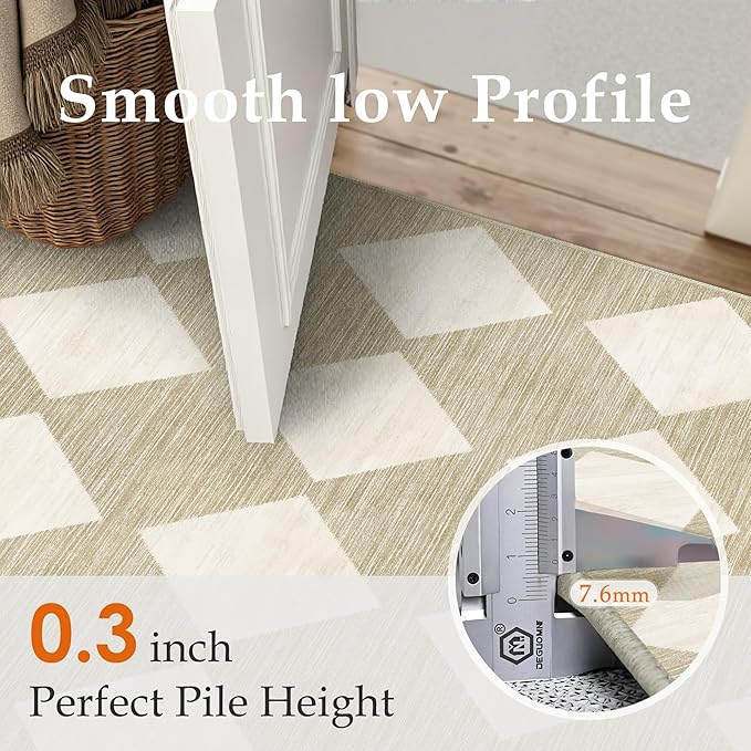 Checkered Round Rugs 6ft for Kitchen Beige Machine Washable Large Rug Non-Slip Stain Resistant Low Pile Boho Accent Indoor Throw Carpet for Office Bedroom Dining Room Classroom