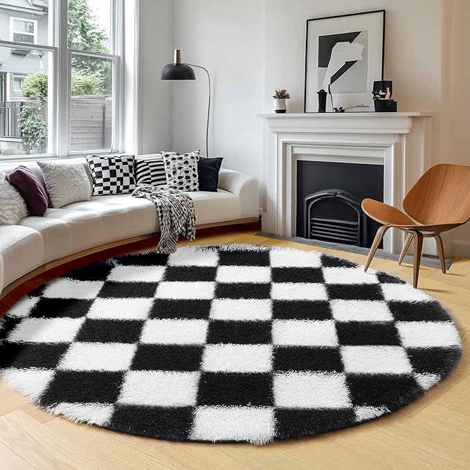 KICMOR Round Rugs 6ft for Bedroom Living Room, Black and White Fluffy Soft Circle Area Rug Fuzzy Shag Shaggy Carpet, Large Plush Checkered Circular Rug for Kids Room Nursery Home Decor Aesthetic