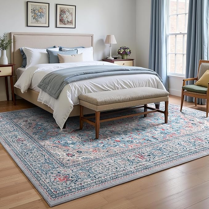 5x7 Blue Washable Boho Area Rug for Bedroom, Vintage Floral Non Slip Living Room Rugs, Soft Low Pile Indoor Mat, Aesthetic Pattern Carpet for Kitchen and Dining Room