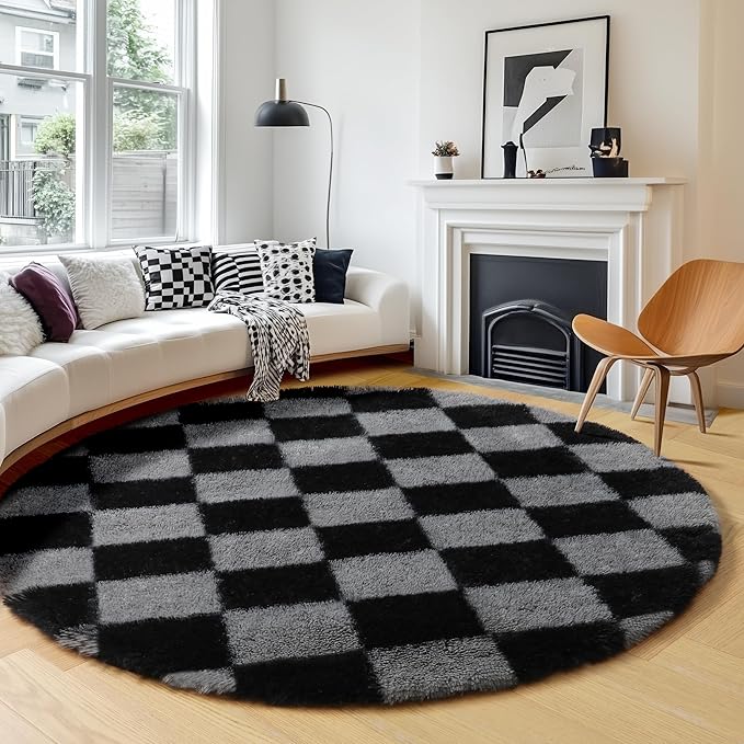 KICMOR Round Rugs 6ft Black and Grey Circle Area Rug, Fluffy Soft Fuzzy Shag Shaggy Bedroom Living Room Carpet, Indoor Checkered Circular Rug for Teen Kids Boys Girls Home Decor Aesthetic, Nursery