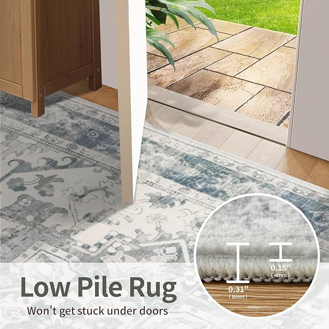 4ft Circle Rug, Soft Round Boho Rug, Washable Non Slip Area Rug for Living Room, Bedroom, Dining Room, Entryway, Round Rugs for Home, Patio, Office, Kids Room, Coral(Blue&Grey)
