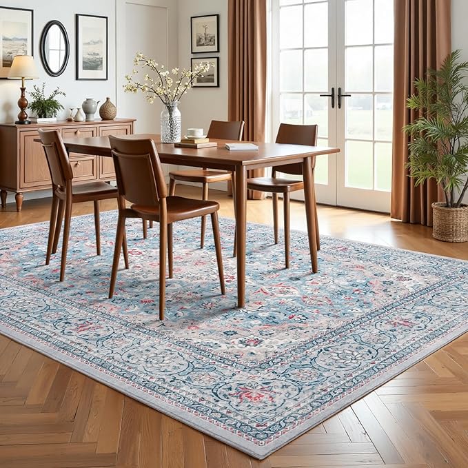 5x7 Blue Washable Boho Area Rug for Bedroom, Vintage Floral Non Slip Living Room Rugs, Soft Low Pile Indoor Mat, Aesthetic Pattern Carpet for Kitchen and Dining Room