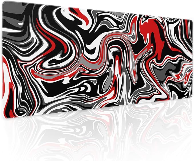 aportt Black Red Swirl Gaming Mouse Pad XL Gray Marble Grey Fluid Design Extended Large Mat Mousepad Desk Pad Non-Slip Rubber Base Stitched Edge Long Keyboard Pad for Computer,31.5×11.8 Inch