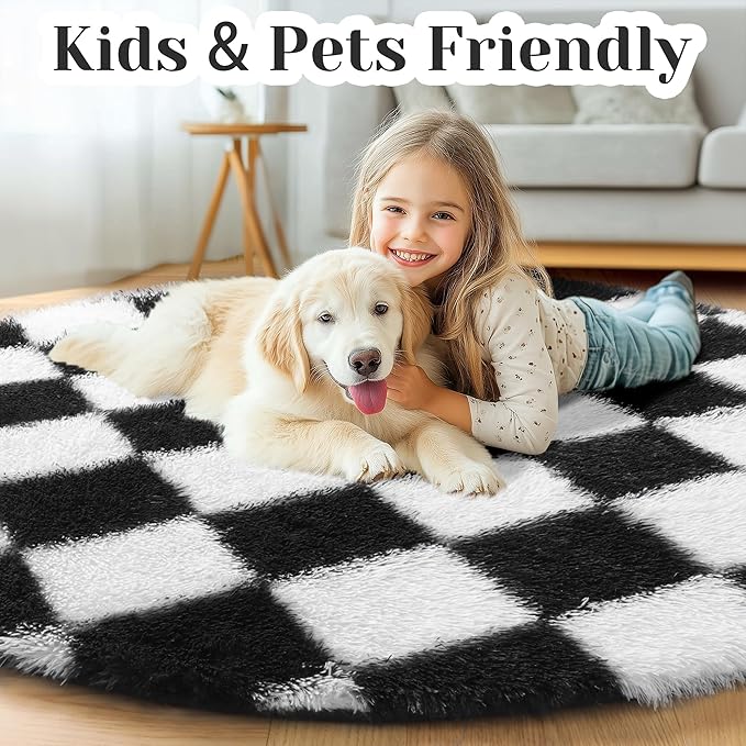 KICMOR Round Rugs 8ft Black and White Circle Area Rug, Fluffy Soft Large Fuzzy Shag Shaggy Bedroom Living Room Carpet, Indoor Checkered Circular Rug for Kids Boys Girls Home Decor Aesthetic, Nursery