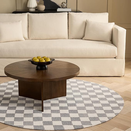 Martha Stewart x SAFAVIEH Area Rug Collection - 6' Round, Grey & Ivory, Handmade Wool, Checkered Pattern, Ideal for Living Room, Bedroom, Office, Dining Space (MSR4760F)