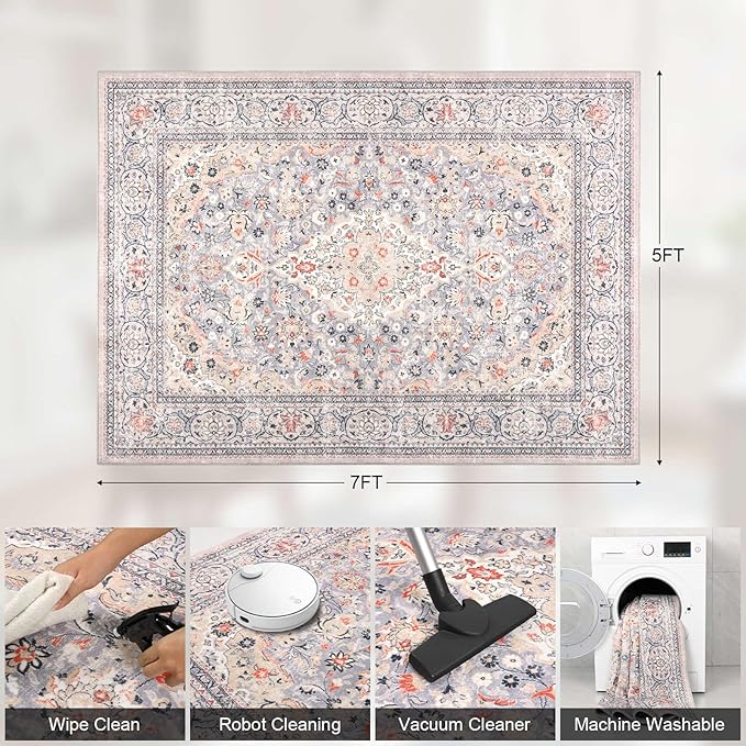 5x7 Washable Boho Area Rug for Bedroom, Vintage Floral Non Slip Living Room Rugs, Soft Low Pile Indoor Mat, Aesthetic Pattern Carpet for Kitchen and Dining Room, Beige/Multi