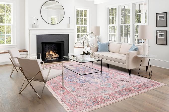 9x12 Area Rug - Medallion Honeycomb Non Slip Backing Area Rugs Ocean Pink Mixed Faux Wool Foldable Foldable & Machine Washable Area Rugs for Living Room Bedroom Dining Room Home Office
