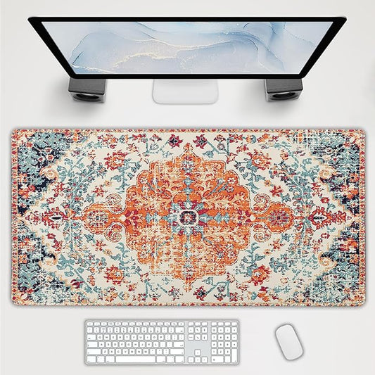 Orange Teal Boho Gaming Mouse Pad Extended 3XL Rug Carpet Bohemian Retro Large Desk Mat Big Mousepad Non-Slip Rubber Base Stitched Edge Long Desk Pad for Desktop Office PC Gamer,47.2x23.6 in,120x60cm