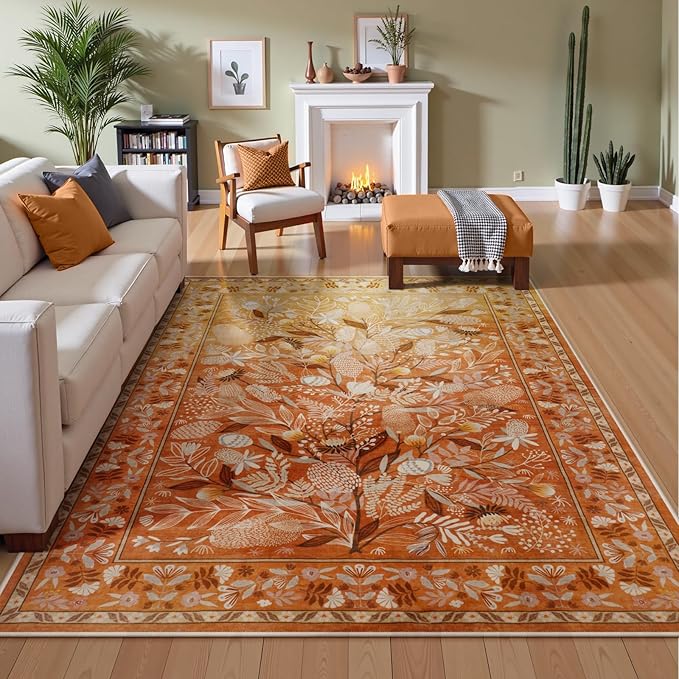 Anidaroel Washable Area Rugs 5x7, Botanical Floral Rugs for Living Room, Non-Slip Soft Rugs for Bedroom Modern Abstract Rug, Stain Resistant Accent Floor Carpet for Office Dining Room, Orange