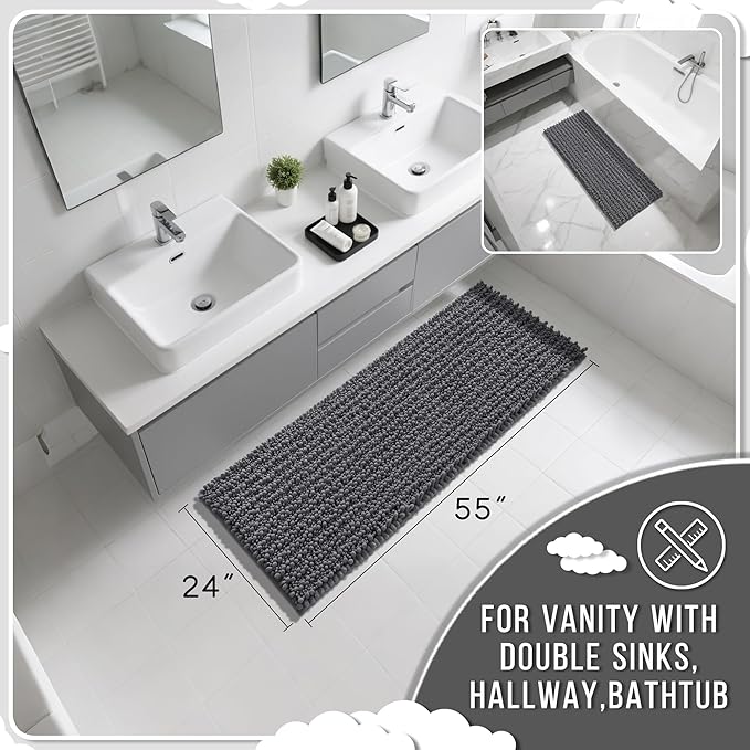 Yimobra Bathroom Runner Rug 55x24 Inch - Extra Long Non Slip Chenille Bath Mat, Soft & Absorbent, Machine Washable Shaggy Hallway Carpet for Vanity Tub Shower, Dark Gray Home Decor Accessories