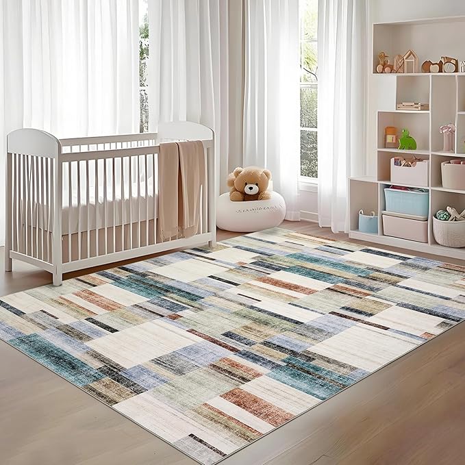 Washable Rug 10x13 Area Rug for Bedroom Farmhouse Geometric Living Room Rug Non Slip Large Area Rug Low Pile Throw Rugs Stain Resistant Carpet for Dining Room Multi 10'x13'