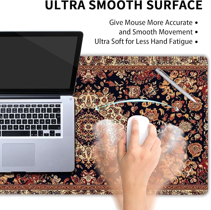 Vintage Rug Gaming Mouse Pad XL Dark Brown Retro Carpet Aesthetic Extended Large Mat Mousepad Desk Pad Non-Slip Rubber Base Stitched Edge Flower Keyboard Pad Playmat for Computer,20x14 Inch,60x35cm