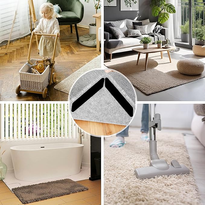 16 Pcs Non Slip Rug Pads Grippers，Keep Area Rugs Corners from Curling and Bunching, Reusable Rug Tape for Hardwood Floors and Tiles, Dual Sided Adhesive Washable Rug Holder Keep Corner Flat