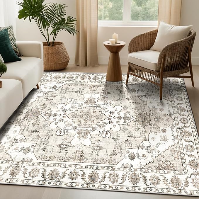 Area Rugs 5x7, Washable Rugs for Living Room, Non-Slip Rug, Boho Medallion Rug, Distressed Carpet, Low Pile Boho Rugs for Bedroom Dining Room