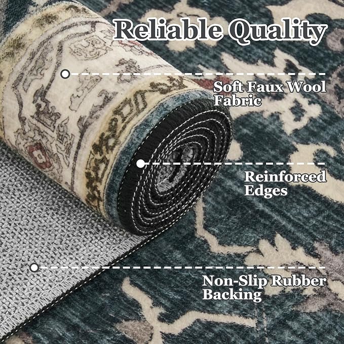Dark Round Rugs 4ft for Entryway, Low Pile Thin Washable Small Circle Rug for Bedroom Living Room Non Slip, Tranditional Medallion Round Carpet for Kitchen Dining Room, Midnight/Multi