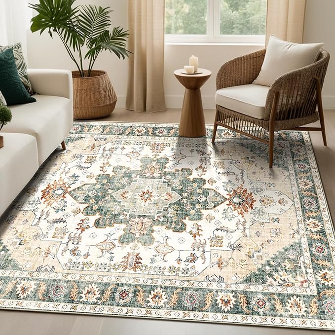 Area Rugs 5x7, Washable Rugs for Living Room, Non-Slip Rug, Boho Medallion Rug, Distressed Carpet, Low Pile Boho Rugs for Bedroom Dining Room