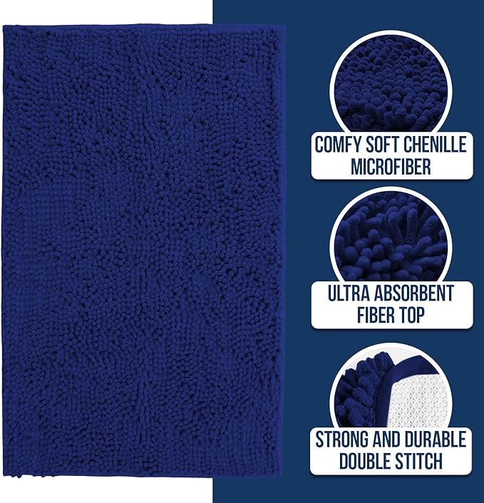 Muddy Mat® | Chenille Bathroom Rugs Quick Dry Microfiber Mats Non Slip Washable, Extra Thick, Soft and Highly Absorbent Bath Mats for Bathroom, Kitchen, and Shower Floor - Navy Blue 18"x28"