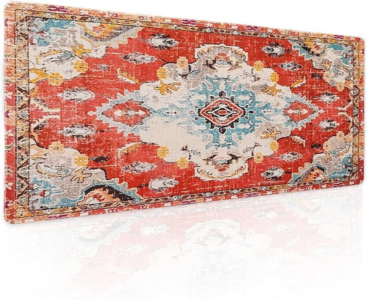 Vintage Rug Mouse Pad XL Red Orange Retro Carpet Aesthetic Extended Table Mat 80X30 cm Non-Slip Rubber Base Stitched Edge Large XL Mousepad for Desk Gaming Laptop Desk Top,31.5×11.8 Inch