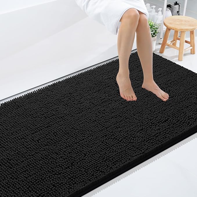Smiry Luxury Chenille Bathroom Rugs 50x30, Extra Soft and Absorbent Shaggy Bath Mat, Machine Washable, Non-Slip Plush Carpet Runner for Tub, Shower, and Floor, Home Decor Accessories, Black