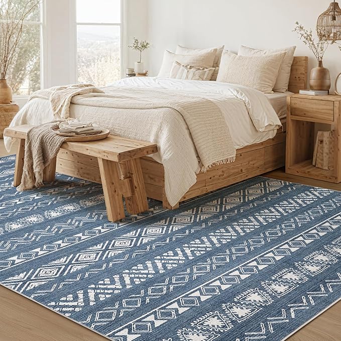 Area Rug Living Room Rugs - 6X9 Washable Boho Farmhouse Bohemian Neutral Large Moroccan Geometric Soft No Slip Indoor Thin Floor Carpet for Bedroom Under Dining Table Home Office -Blue