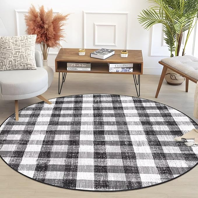 COLORPAPA Checkered Area Rug 4 Ft, Washable Round Rugs for Living Room, Modern Neutral Non Slip Indoor Carpet for Bedroom Office Patio Dining Room (Black and White)