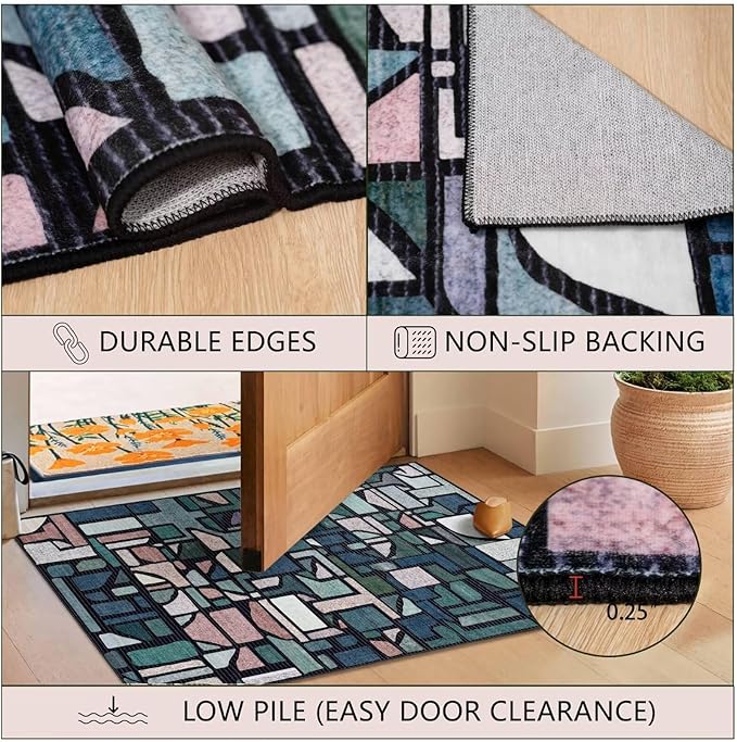 DEXDE Entryway Area Rugs 2x3 Vintage, Non Slip Washable Low Pile Throw Checkered Rug Modern Abstract Door Mat Indoor Soft Small Carpet for Entrance Bedroom Bathroom Laundry, Blue