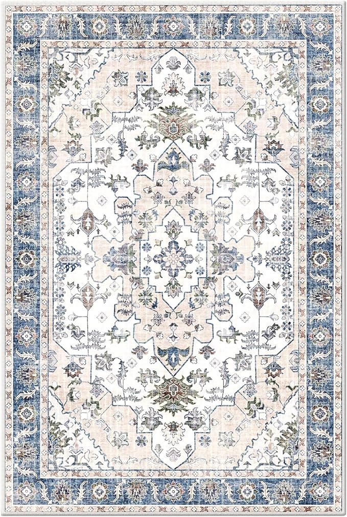 Area Rugs 5x7, Washable Rugs for Living Room, Non-Slip Rug, Boho Medallion Rug, Distressed Carpet, Low Pile Boho Rugs for Bedroom Dining Room