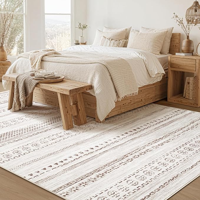 Area Rug Living Room Rugs - 9x12 Washable Boho Farmhouse Bohemian Neutral Large Moroccan Geometric Soft No Slip Indoor Thin Floor Carpet for Bedroom Under Dining Table Home Office - Brown