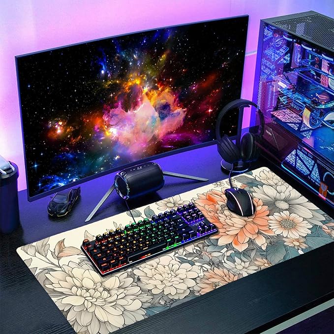 Japanese Aesthetic Floral Gaming Mouse Pad XXL Vintage Orange White Flowers Extended Large Mat Mousepad Desk Pad Non-Slip Rubber Base Stitched Edge Keyboard Pad Playmat for Computer,35.4×15.7 Inch