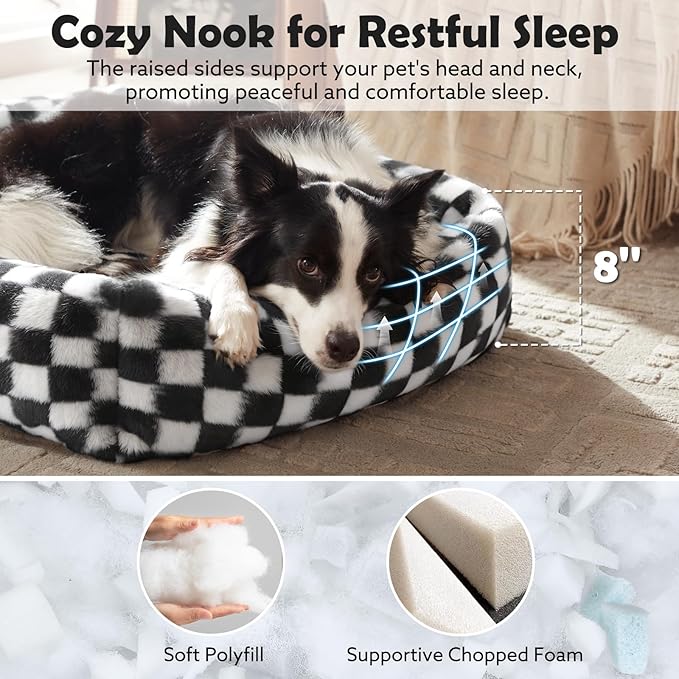 JOEJOY Large Dog Beds Large Sized Dog, Removable Washable Cover Orthopedic Soft Faux Rabbit Fur Pet Bed, Anti-Slip Fluffy Plush Faux Rabbit Fur Puppy Bed, 36"x27"x8", Checkered, Black
