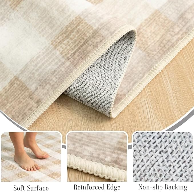 COLORPAPA Checkered Area Rug 4 Ft, Washable Round Rugs for Living Room, Modern Neutral Non Slip Indoor Carpet for Bedroom Office Patio Dining Room (Beige)