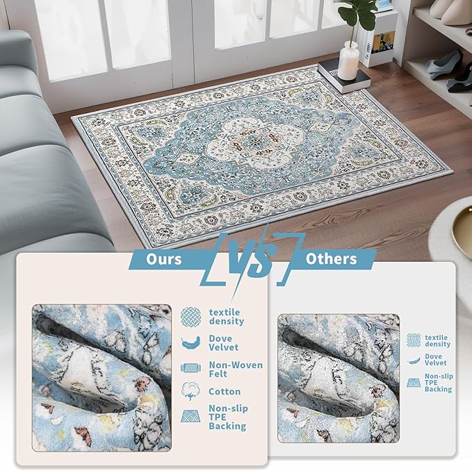 Ciicool Washable Runner Rug Non Slip, 2'x6' Blue Hallway Rug Vintage Kitchen Rugs Carpet for Bedroom Laundry Bathroom Decor