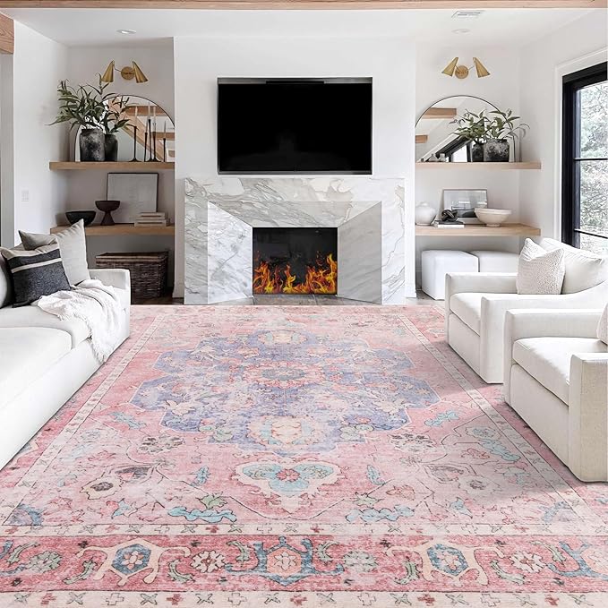9x12 Area Rug - Medallion Honeycomb Non Slip Backing Area Rugs Ocean Pink Mixed Faux Wool Foldable Foldable & Machine Washable Area Rugs for Living Room Bedroom Dining Room Home Office