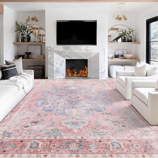 9x12 Area Rug - Medallion Honeycomb Non Slip Backing Area Rugs Ocean Pink Mixed Faux Wool Foldable Foldable & Machine Washable Area Rugs for Living Room Bedroom Dining Room Home Office