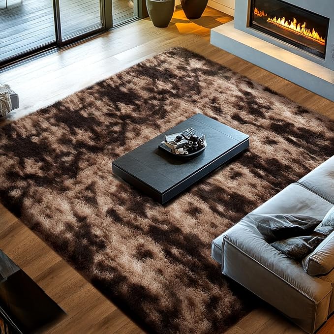 Shag Rugs for Living Room 9x12: 9x12 Shag Area Rugs for Living Room- Large Soft Tie-Dyed Brown Rugs for Bedroom- Fuzzy Plush Modern Carpets for Kids Room (Tie-Dyed Brown)