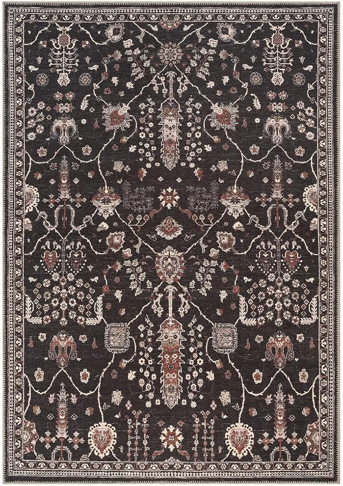 GLN Rugs Bohemian Collection - Machine Washable Area Rug, Bohemian Vintage, Non Slip, Low Pile Chenille Rug, Living Room, Bedroom, Bathroom Rug (9'x12' Black)