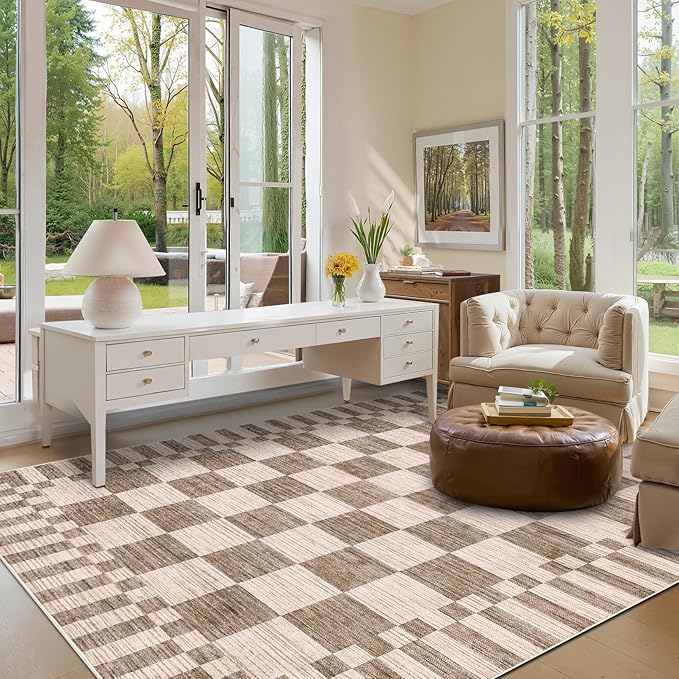 GarveeHome Brown Checkered Rug 6×9 Area Rugs for Living Room,Non-Slip Geometric Tan Brown Print Washable Rug Soft Low-Pile,Neutral Modern Checkerboard Farmhouse Rugs for Bedroom Dining Room