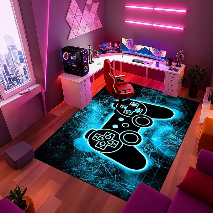 Gaming Video Game Area Rugs for Boys Teens Modern Cool Tech Style Gaming Room Home Decor Gamer Controller Gamepad Pattern Area Rug Floor Carpet Bathroom Mat for Leisure/Living/Bedroom