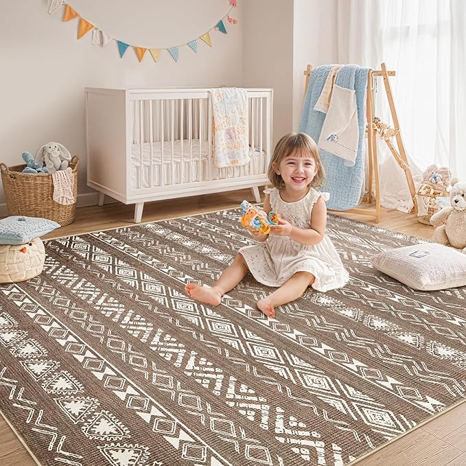 Area Rug Living Room Rugs - 6X9 Washable Boho Farmhouse Bohemian Neutral Large Moroccan Geometric Soft No Slip Indoor Thin Floor Carpet for Bedroom Under Dining Table Home Office -Dark Brown