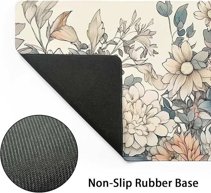 Japanese Aesthetic Floral Gaming Mouse Pad XXL Vintage Orange White Flowers Extended Large Mat Mousepad Desk Pad Non-Slip Rubber Base Stitched Edge Keyboard Pad Playmat for Computer,35.4×15.7 Inch